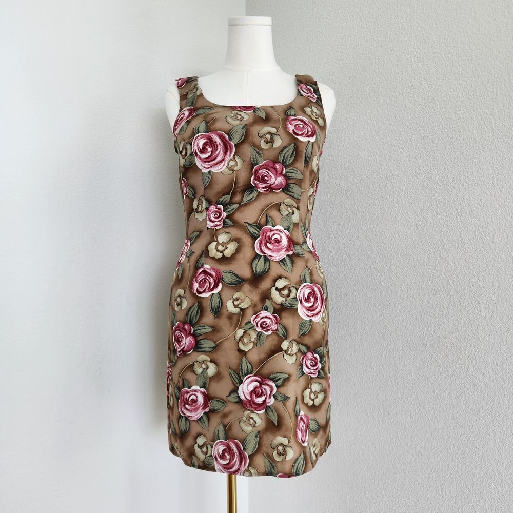 Vintage 90s Brown Floral Rose Print Sleeveless Shift Dress California Grown M